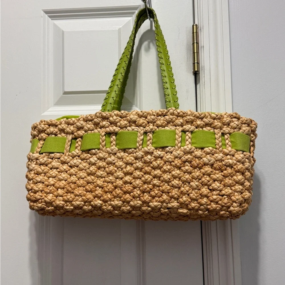 Green and Tan Beach Tote with Sturdy Handles